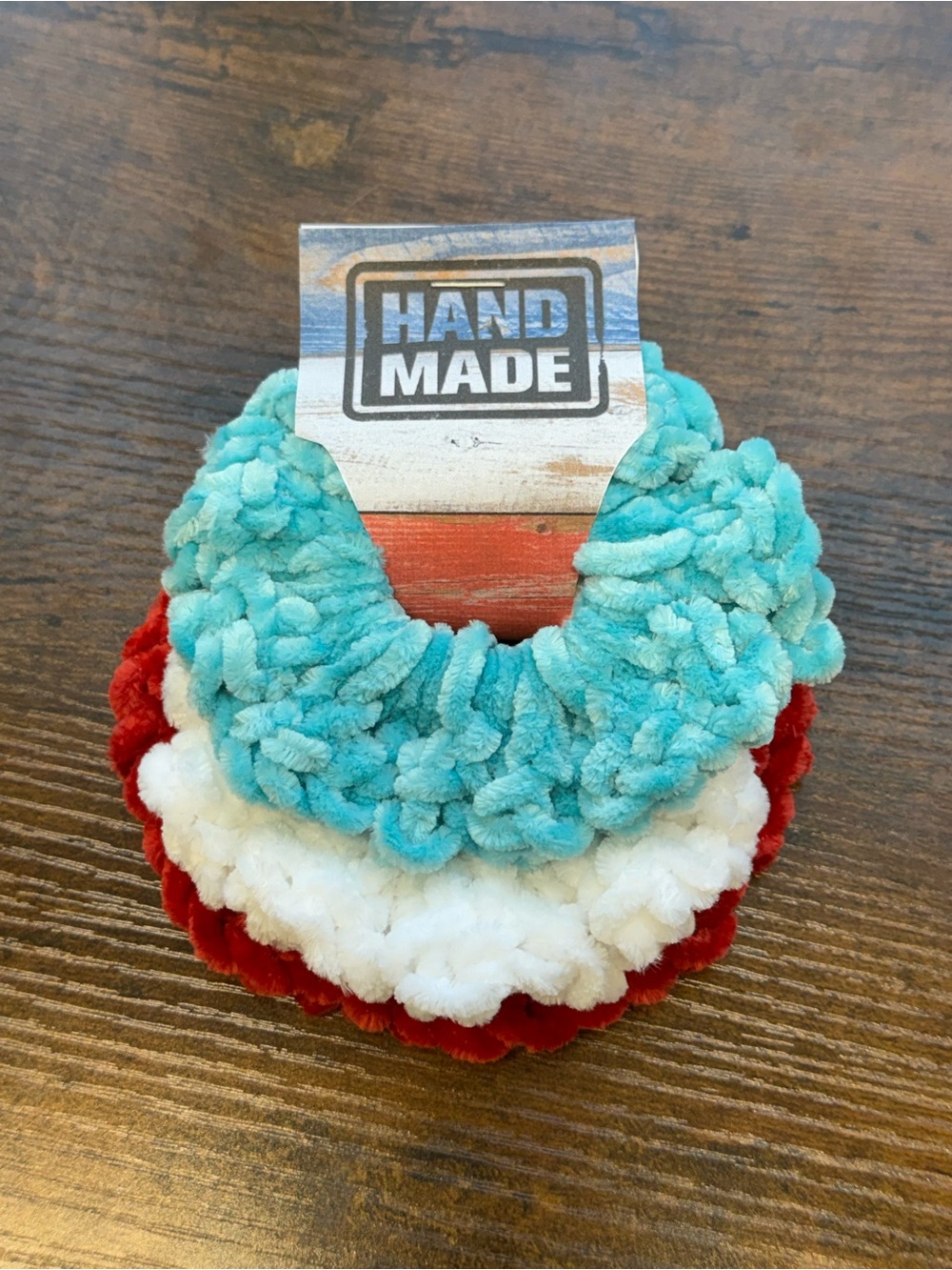 Hand Made Plush Scrunchie Trio in Teal, White, and Red
